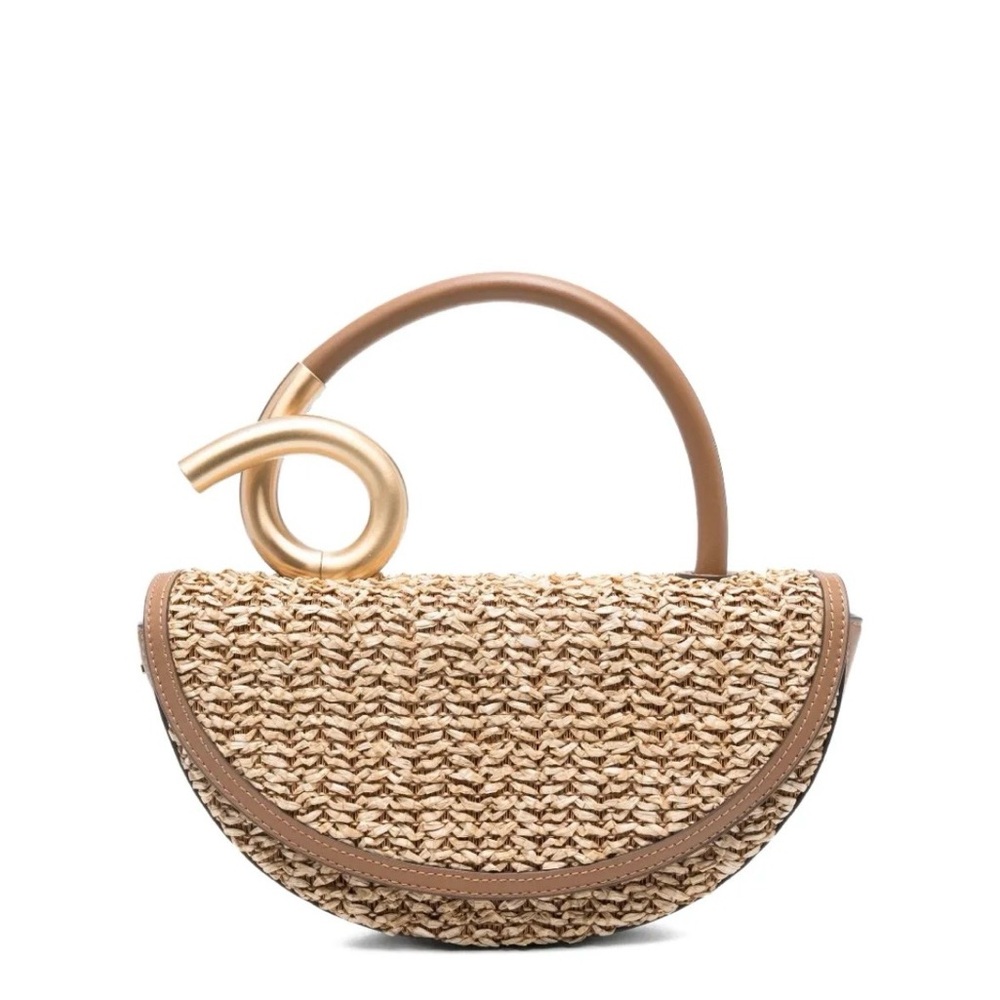 cult gaia Natural Straw Half-Moon Clutch with Tan Handle and Gold Accent.